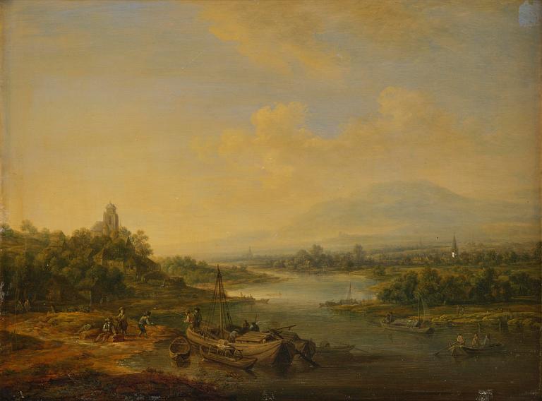 Christian Georg Schütz, Pastorala flodlandskap med figurer och båter, ett par.