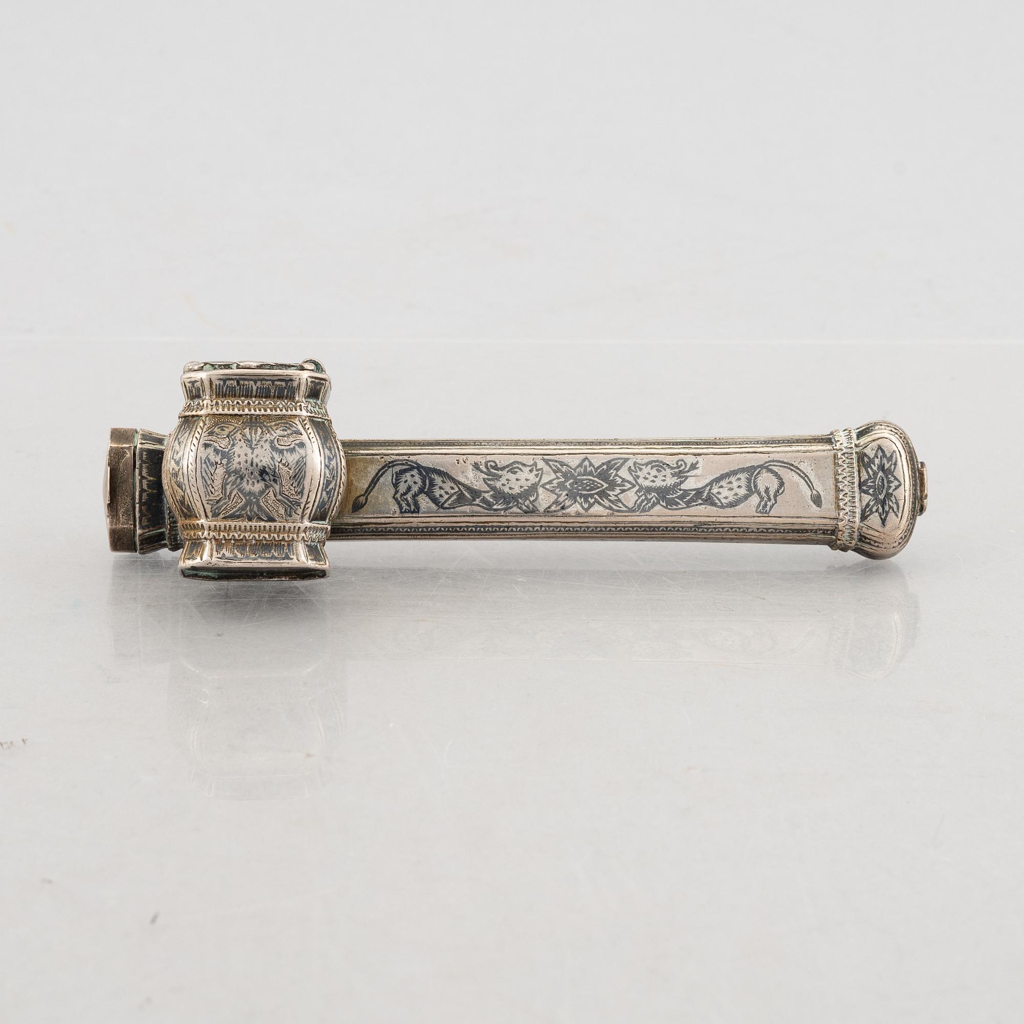 Pen case with inkwell, Qalamdan, brass with niello decoration, Ottoman Empire, around 1900.
