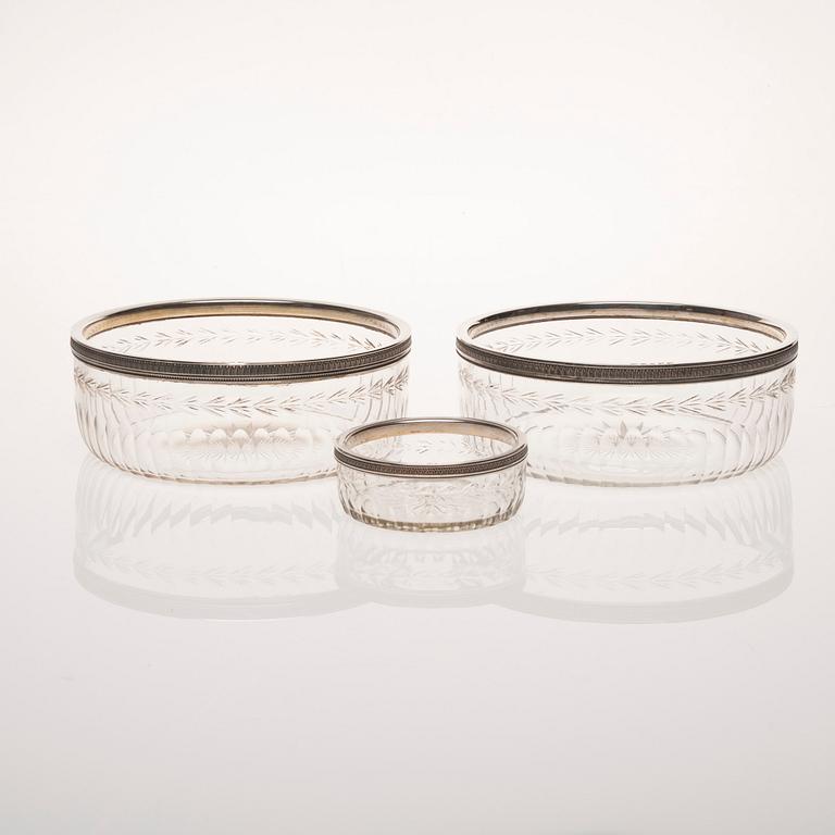 SKÅLAR, 3 st, silver och glas, Wolfers Frères Workshop, Belgien före 1942.
