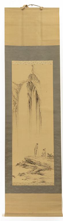 Unidentified artist, Scholar with apprentices by a waterfall, Japan, early 20th century.