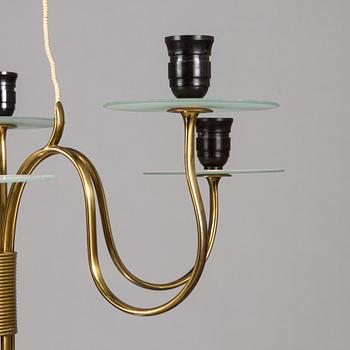 Paavo Tynell, a six-armed brass pendant ceiling light, Taito/ Idman, mid-20th century.