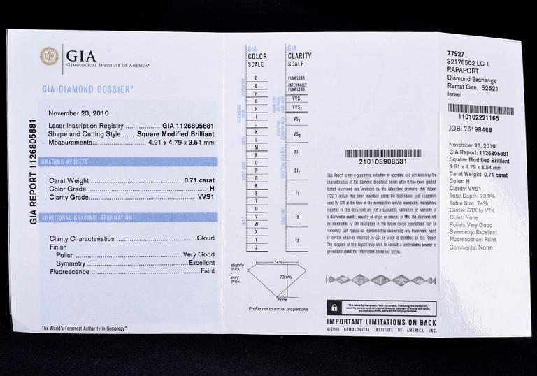 SORMUS, prinsesshiottuja timantteja 0.71 ct. H/vvs1 laserkaiverrettu ID nro. GIA todistus 18K valkokultaa, paino 5,1 g.