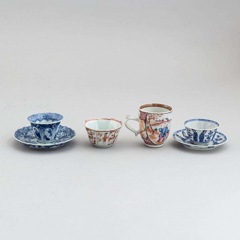 A group of four different cups with 2 odd dishes, Qing dynasty, Kangxi and Qianlong (1736-95).