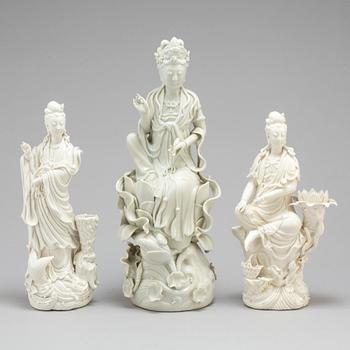 Three Chinese blanc de chine figures of Guanyin, 20th century.