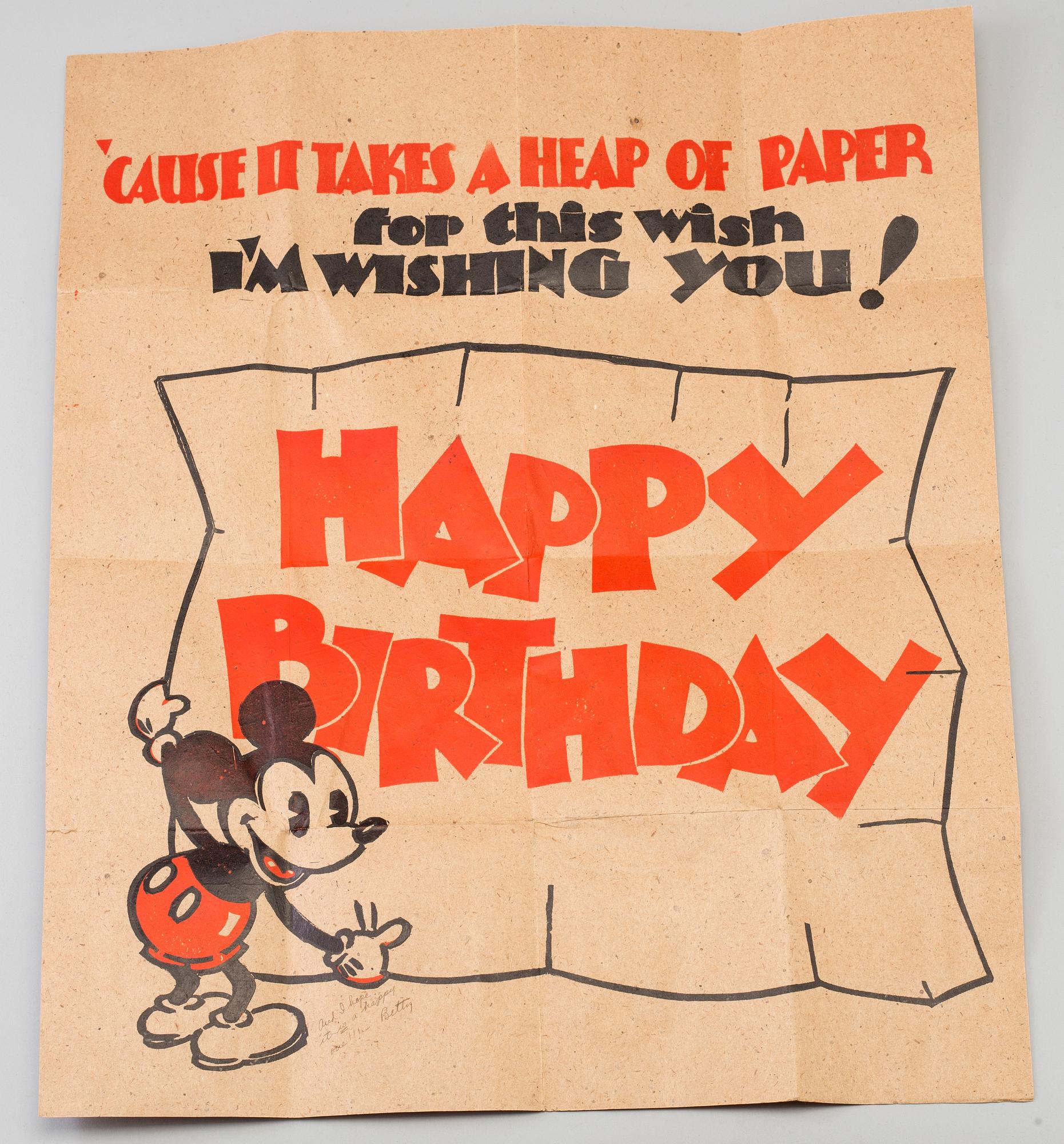 a Mickey Mouse wooden figure and a borthday card, Ringqvists Tryckeri och kartongfabrik, Norrköping 1946.