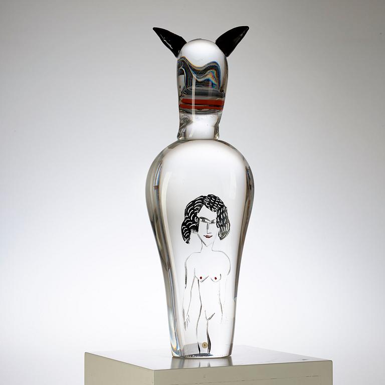 Ulrica Hydman-Vallien, A unique Ulrica Hydman-Vallien glass sculpture, 'Catman', Kosta Boda 1987.