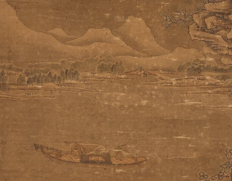 A hanging scroll of a river and mountain landscape in the style of Liu Songnian (1155-1218), Qing dynasty, 19th century.