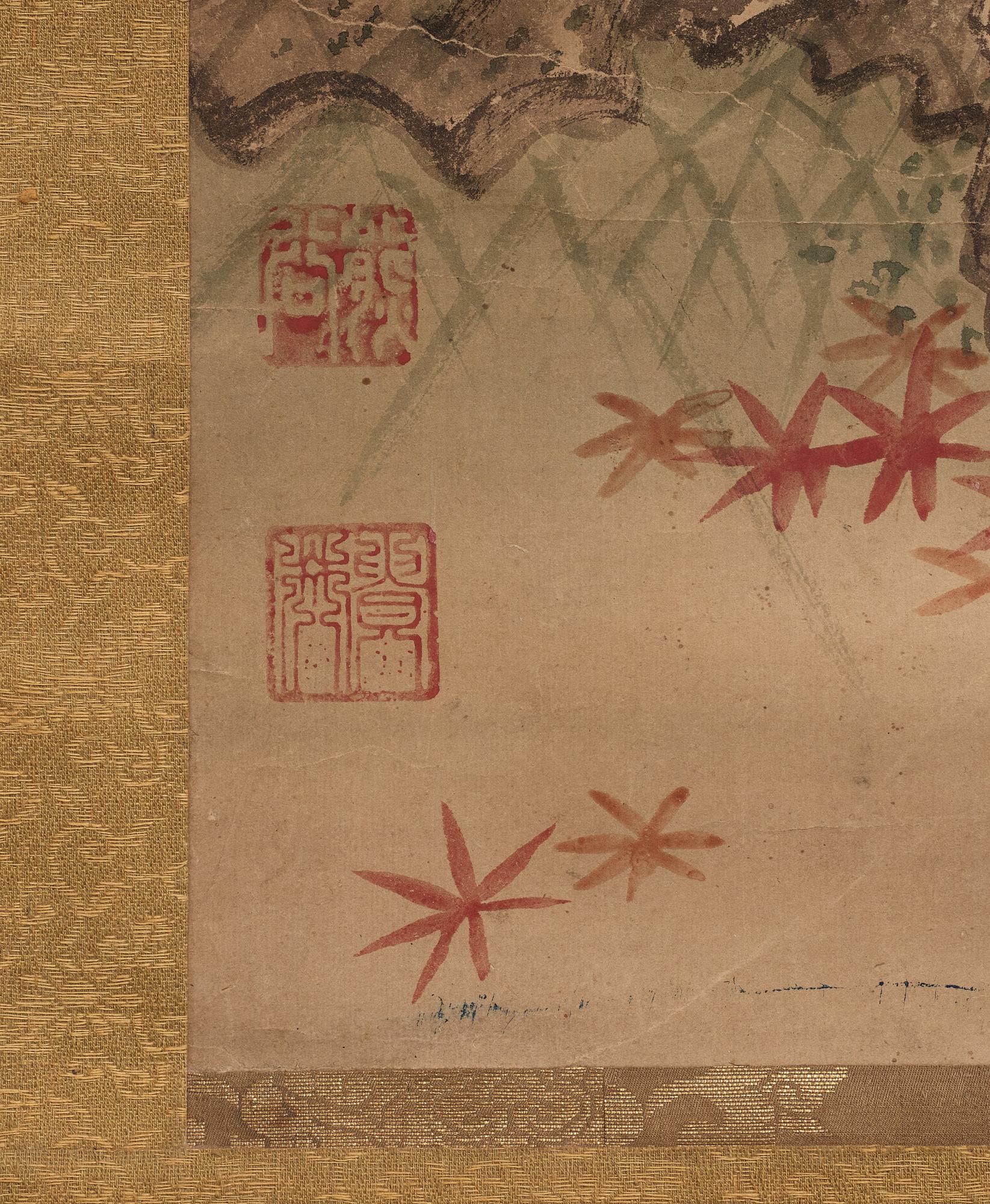 RULLMÅLNING, tusch och färg på papper. Oidentifierad konstnär, Japan, 1800-tal. Två senare sigill i rött.