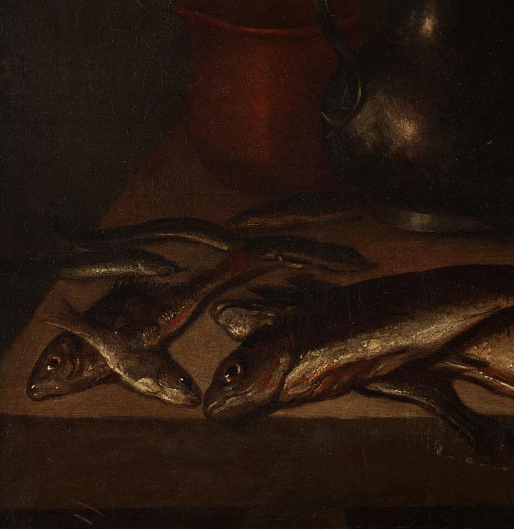 Pieter Claesz Circle of, Dutch school 17th/18th Century. Still life with fish, crab, oysters and jars.