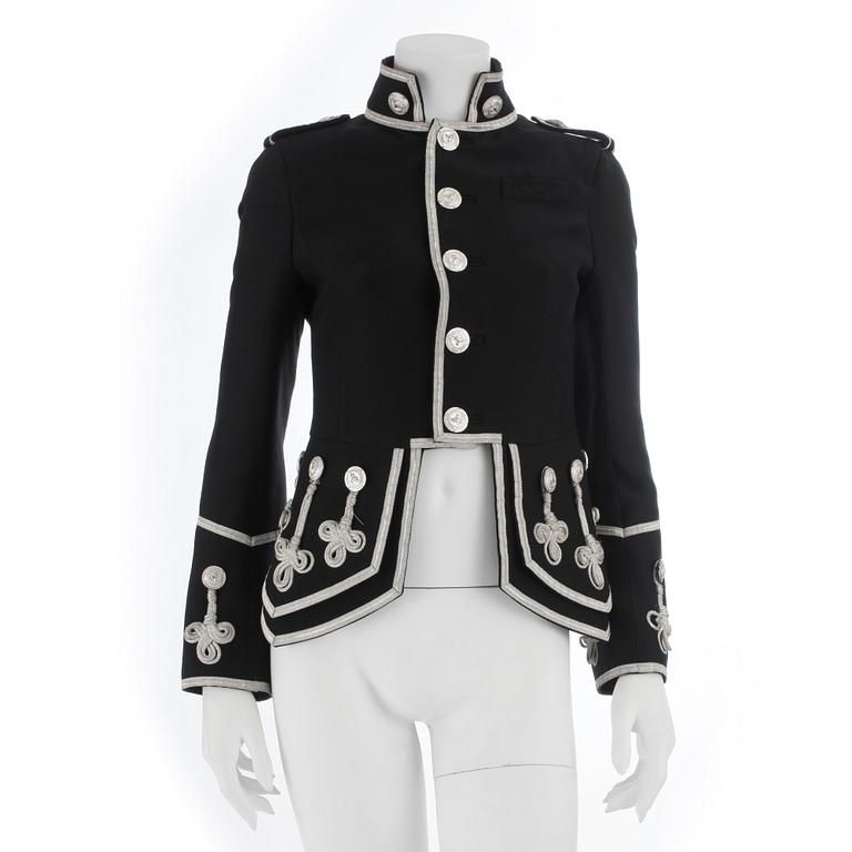 DSQUARED, a black wool and silk jacket with silver colored detailing and buttons, size 40.