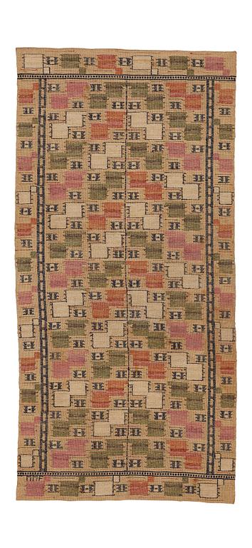 Märta Måås-Fjetterström, Vävnad, "Lövendal", inplock på linnebotten, ca 145,5-147 x 70-71,5 cm, signerad MMF.