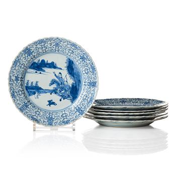 A set of six blue and white dishes, Qing dynasty, Kangxi (1662-1722).