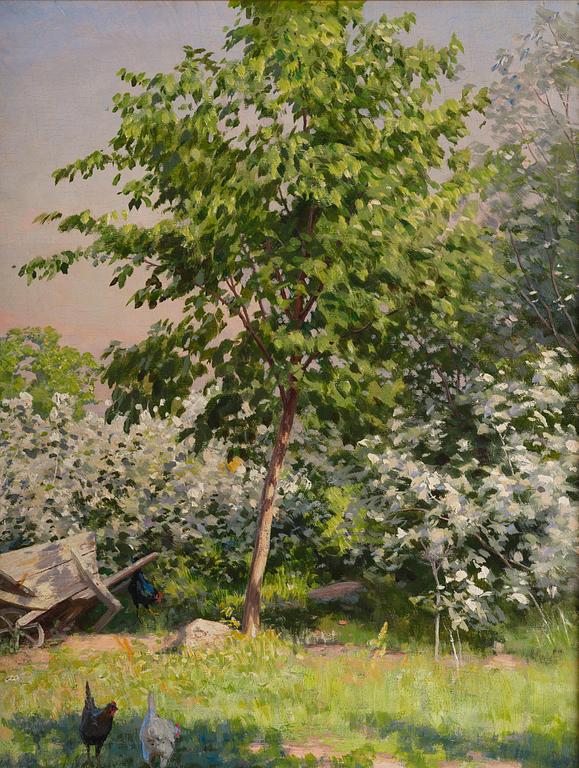 Johan Krouthén, Summer landscape with pecking hens and a wheelbarrow.