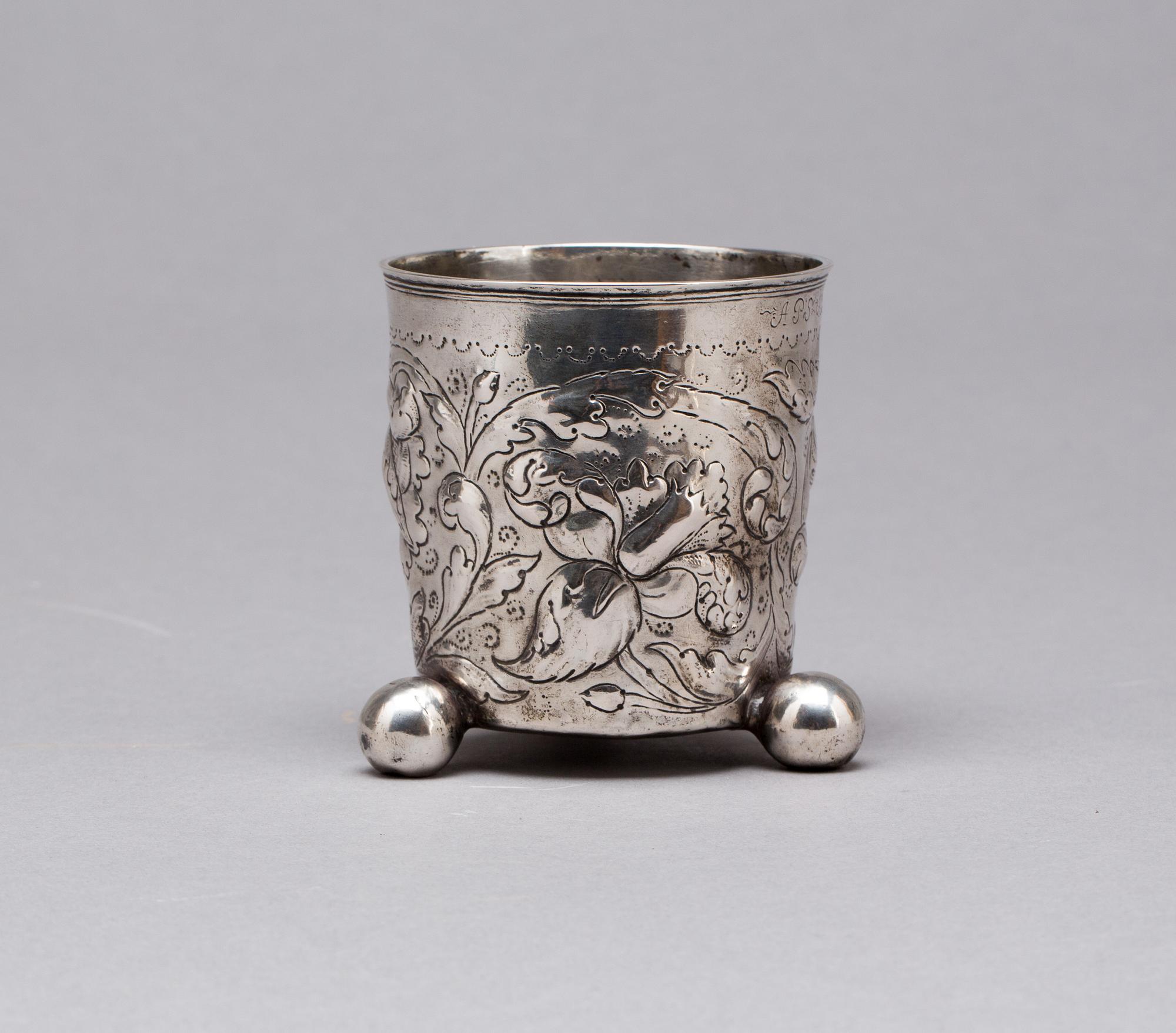 BÄGARE, silver. Barock, Daniel Falck, Malmö (1685-1705). Vikt ca 125g.