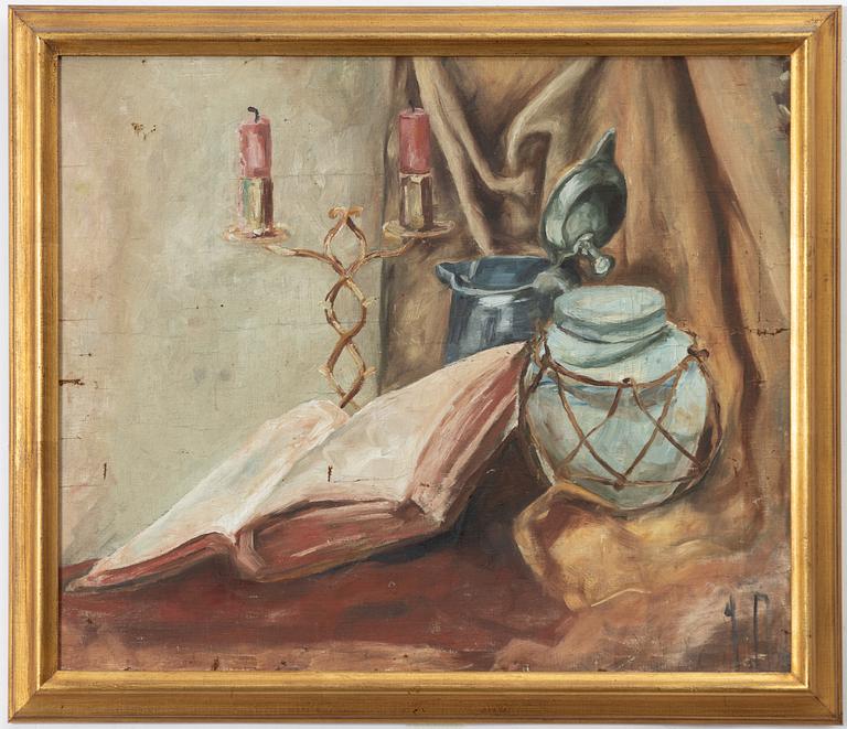 Siri Derkert, Still life with candlestick and pot.