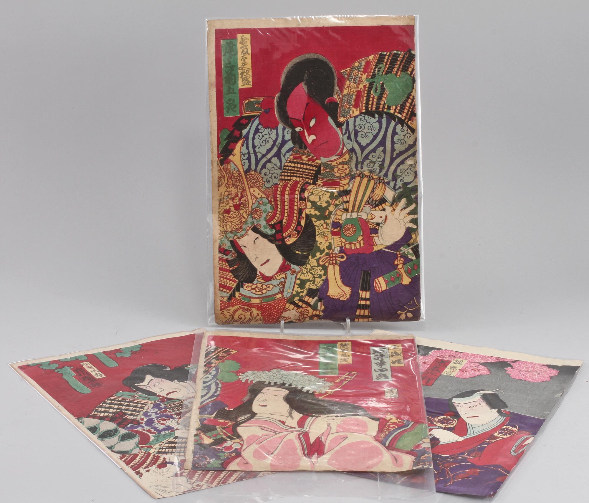 TRÄSNITT, 4 st, b la troligen Kunisada III, Japan, 1800/1900-tal.