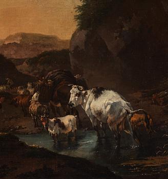 Jan Frans Soolmaker, Shepherd with Sheep, Cows and Goats in a Landscape.