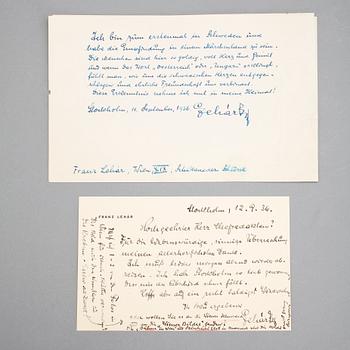 FRANZ LEHÁR (1870-1948), två egenhändiga brev resp ett kort med namnteckning, breven dat Stockholm 1936.