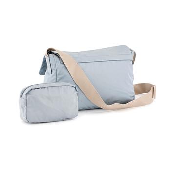 PRADA, a blue nylon crossbody bag.