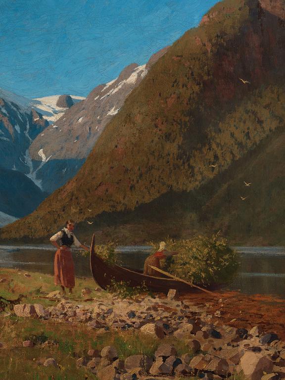 Hans Dahl, Fjordlandskap med figurer som plockar ris.