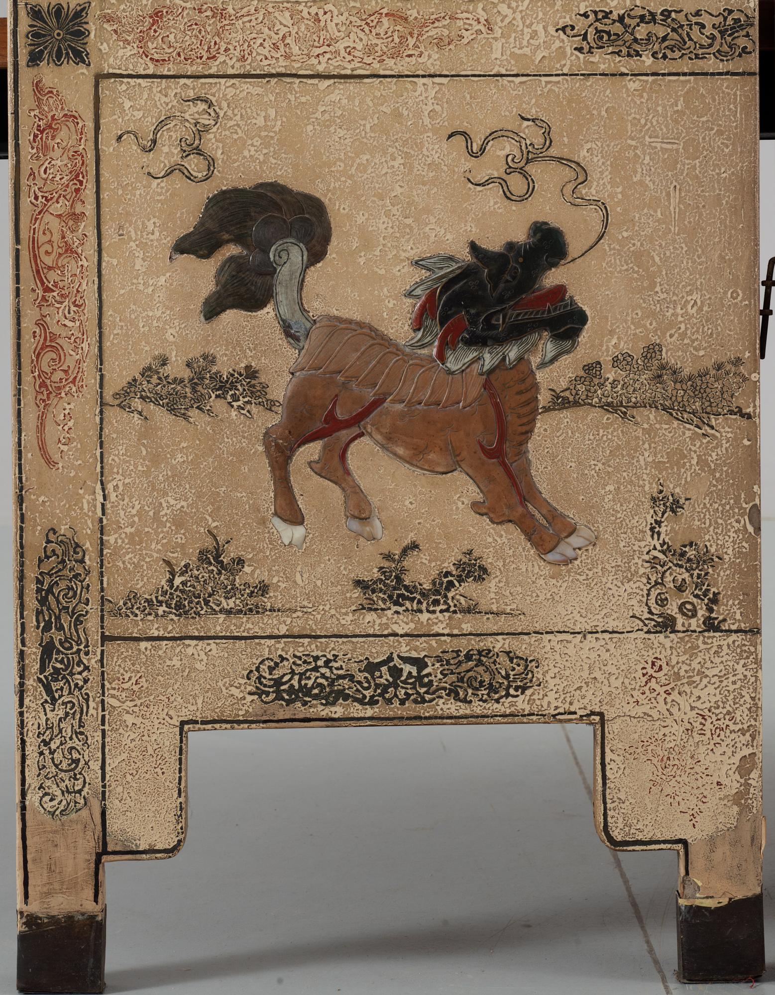 A painted and inlayed four-foulded screen, Qing dynasty (1644-1911).