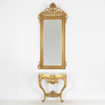 Spegel och konsolbord, rokokostil 1800-tal.