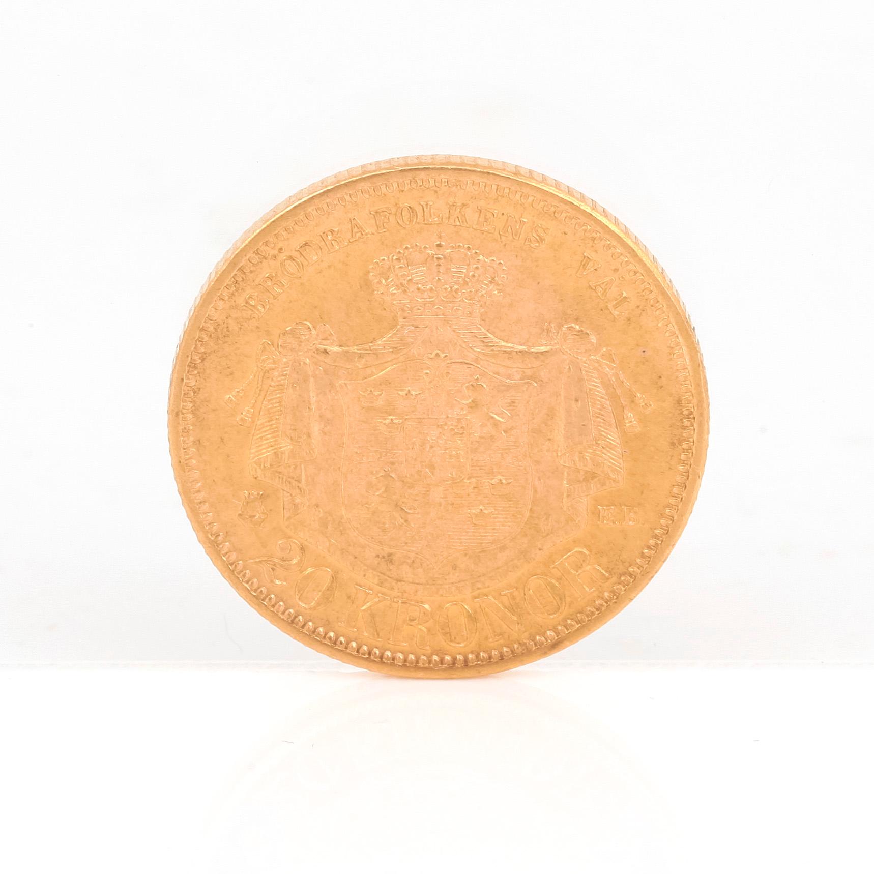 GULDMYNT, 20 kronor, Oscar II av Sverige och Norge 1876. Vikt ca 9 gram.