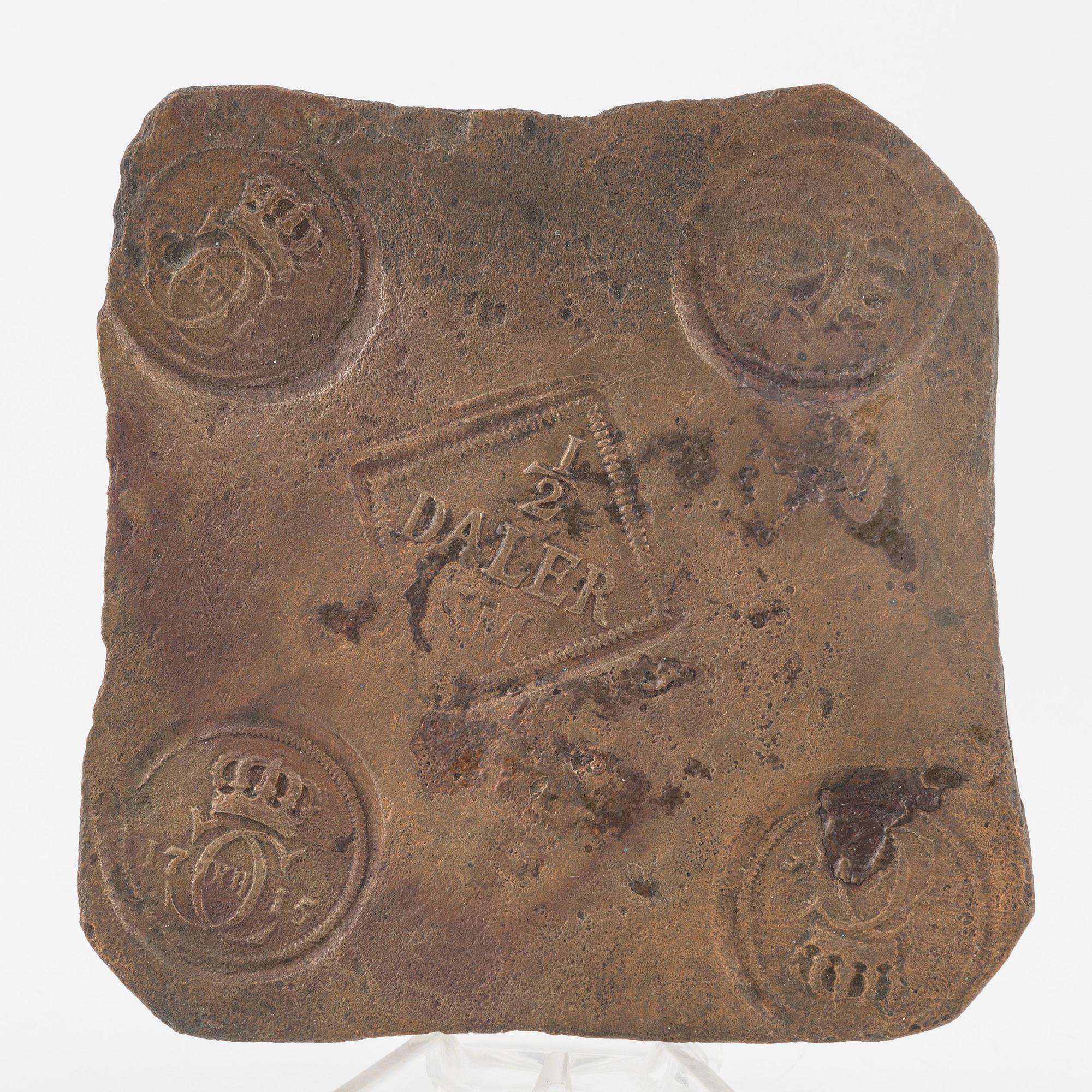 A Swedish platecoin 1/2 daler, 1715.