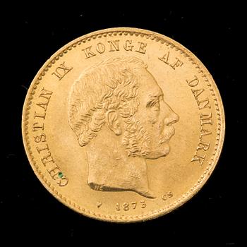 GULDMYNT, 20 kroner, Christian IX, Danmark, 1873. Vikt ca 9 gram.