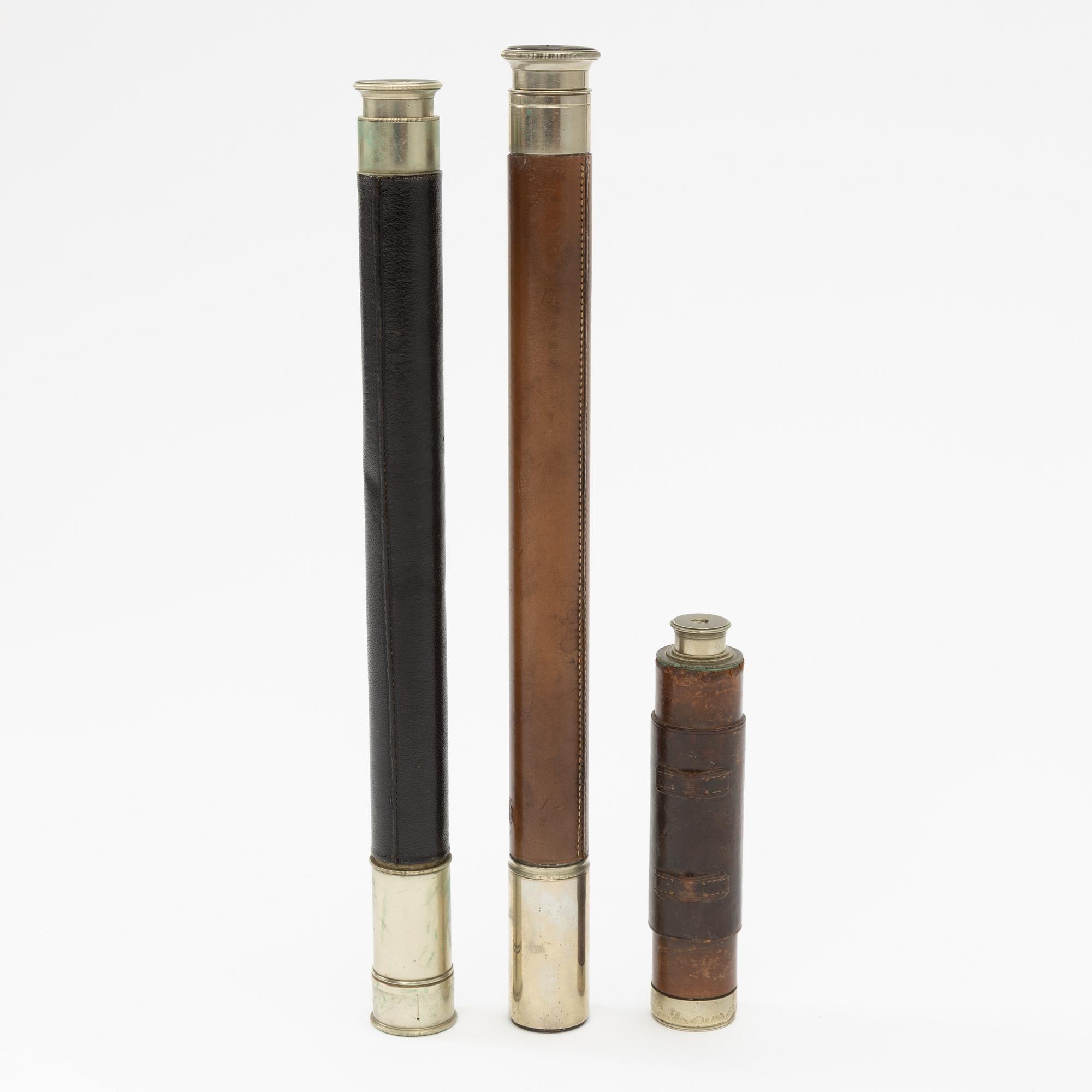 Three telescopes, English, by F Cox, Negretti & Zambra, and Hicks, 19th/20th century.