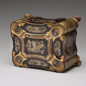 A Canton lacquer tea box with a pewter liner, Qing dynasty, 19th Century.