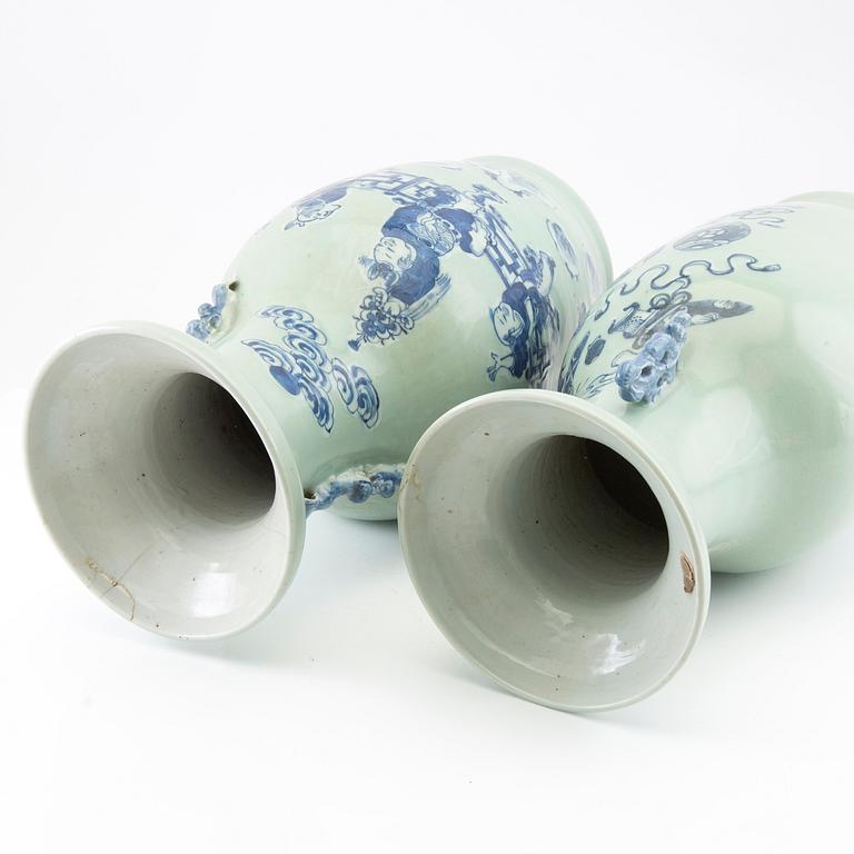 Two underglaze blue and celadon ground vases, late Qing dynasty and 20th century.