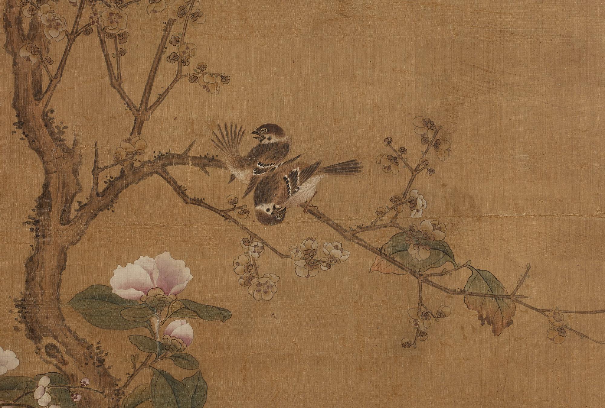 A Song style hanging scroll with birds, by an unidentified artist signed Wu Zhu, late Qing dynasty (1644-1912).