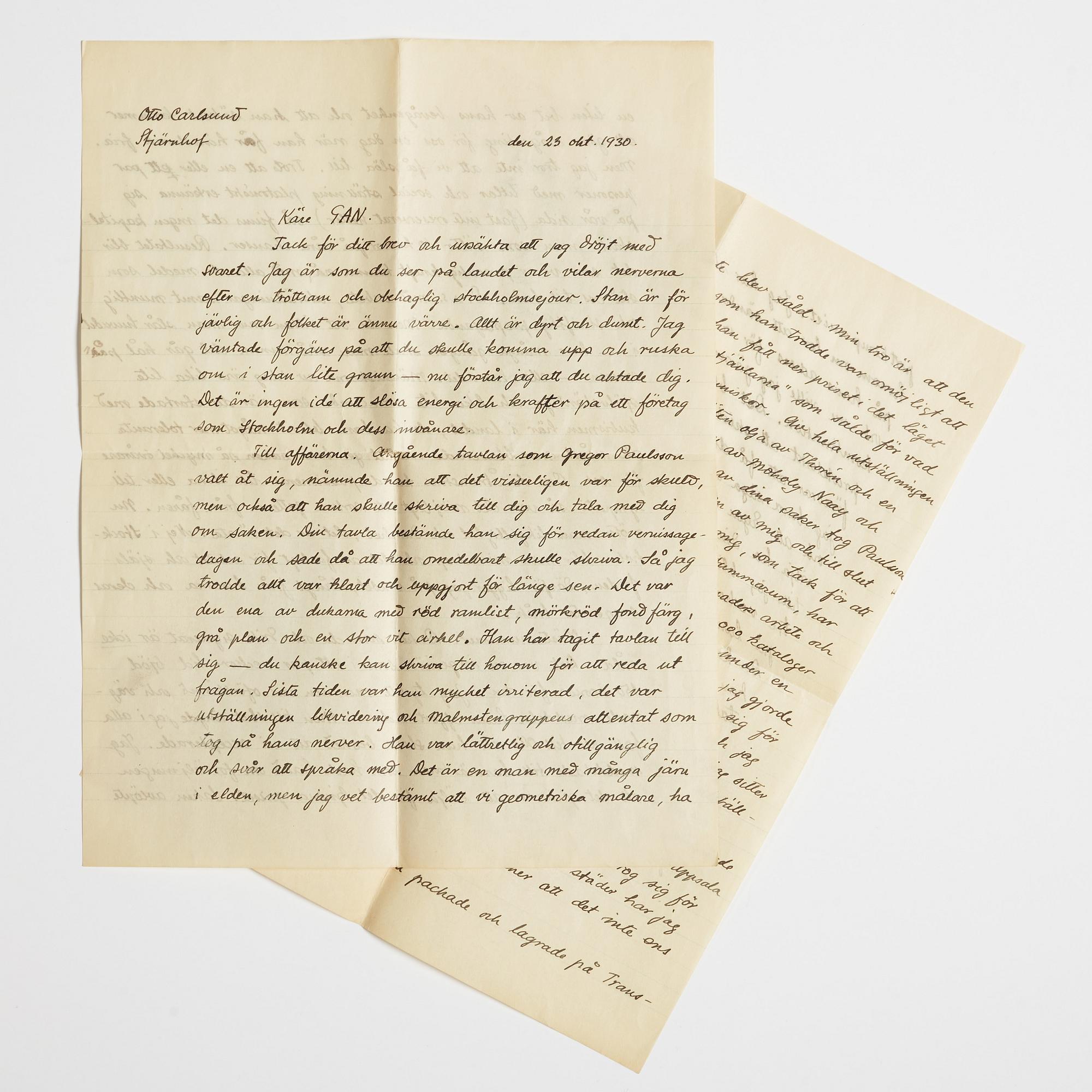 LETTER from Otto G. Carlsund to GAN (Gösta Adrian-Nilsson) in Lund, dated Stjärnhof 23 okt. 1930.