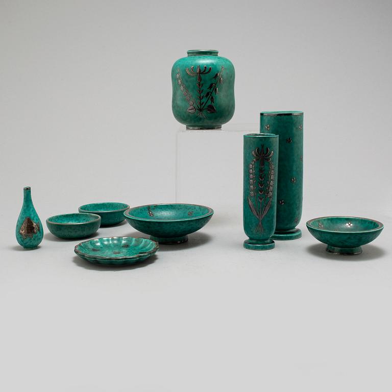 Nine 'Argenta' stoneware objects by Wilhelm Kåge, Gustavsberg, 1900-talets mitt.