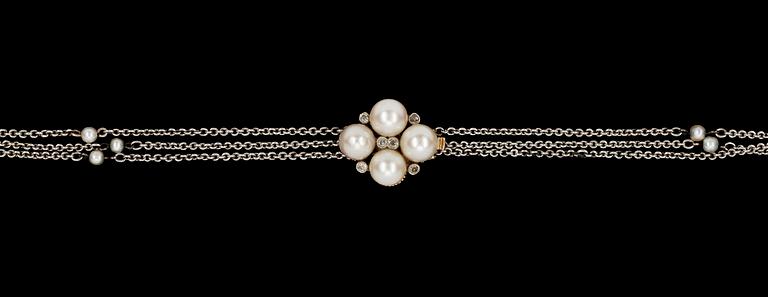 NECKLACE, three rows with small pearls and clasp with small diamonds and cultured pearls.