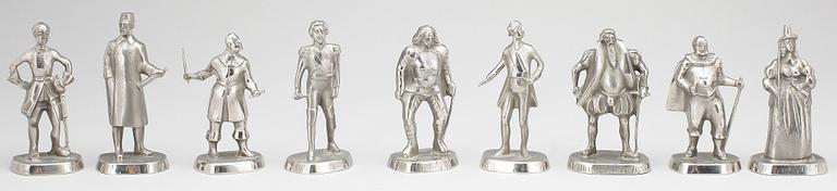 SKULPTURER, 9 st, vitmetall, Svensk regentlängd, efter Allan Ebeling, 1900-tal.