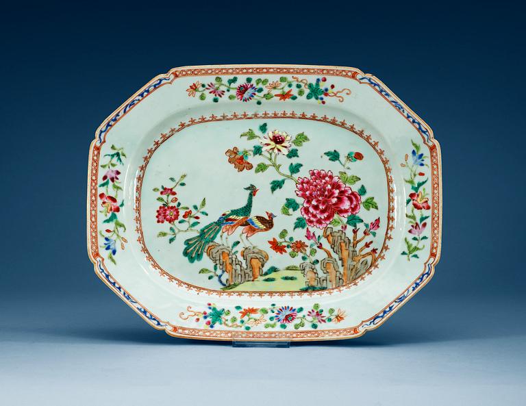 A famille rose 'double peacock' serving dish, Qing dynasty, Qianlong (1736-95).