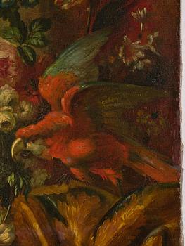 Pieter Casteels III, follower of, Wall panels, a pair, Flower urns with a parrot and a monkey respectively.