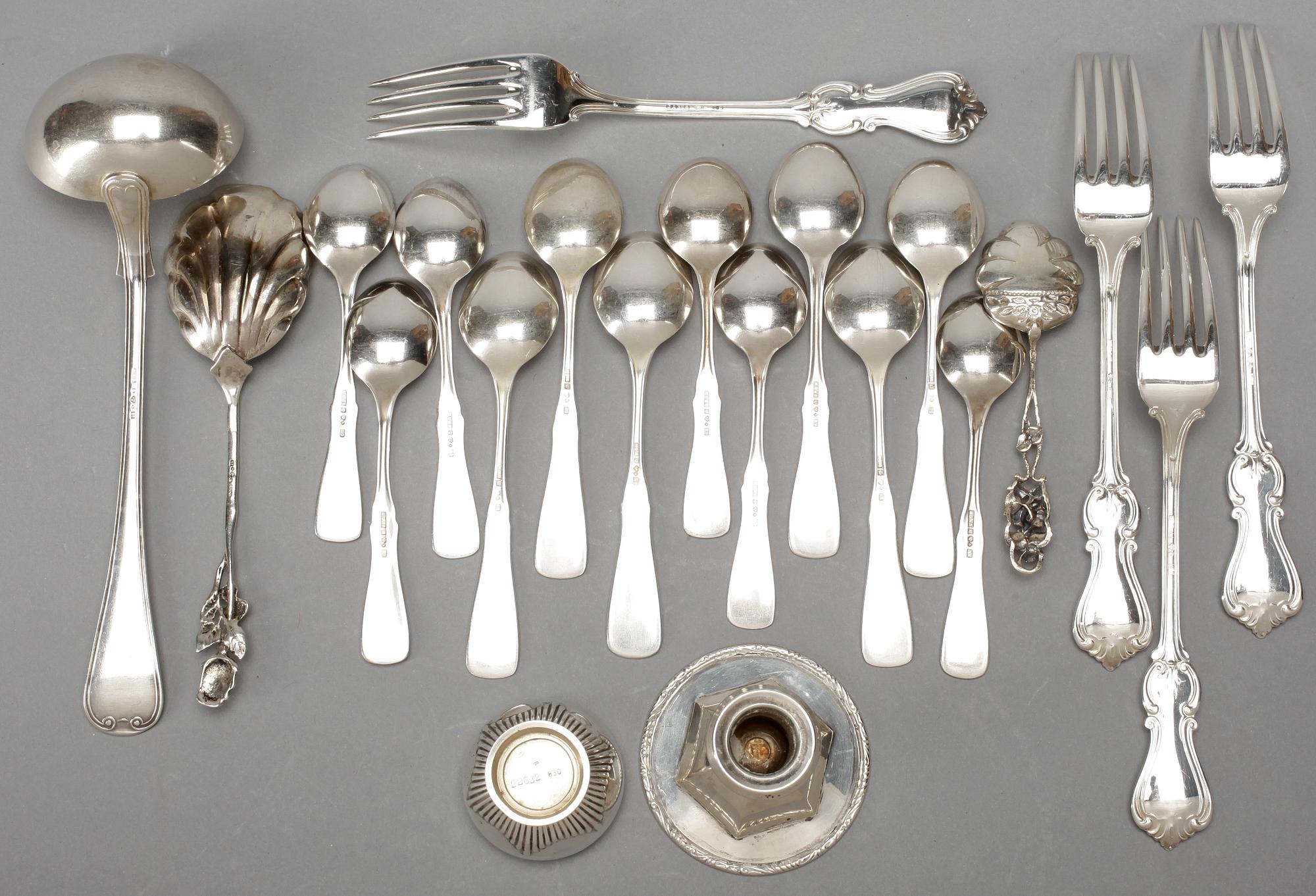 PARTI SILVER, 21 delar, bla. "Olga", GAB, Stockholm 1959. Total vikt ca 486 cm.