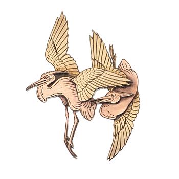 A Wiwen Nilsson sterling brooch of a pair of flying herons, gilt in two colours, Lund 1957.