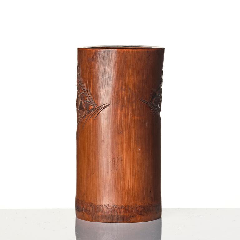 A Chinese brushpot, Qing dynasty, circa 1900. An archaistic bronze ewer and a silvered South East Asian bowl with stand.