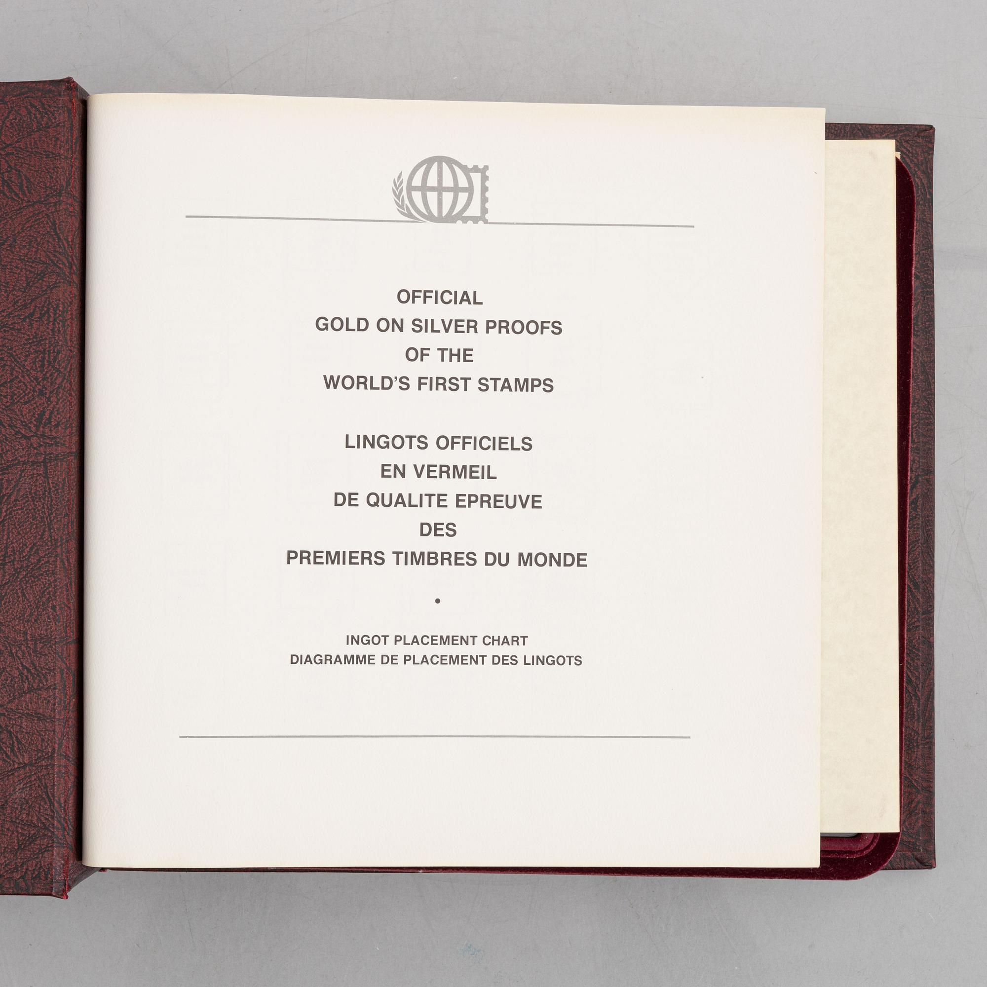 Franklin Mint, frimärksavbildningar, 73 st, förgyllt silver, "The world's first stamps", 1979.
