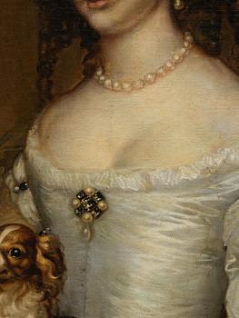 Adriaen Hanneman, Half-length portrait of a woman with a dog (Portret van een dame).