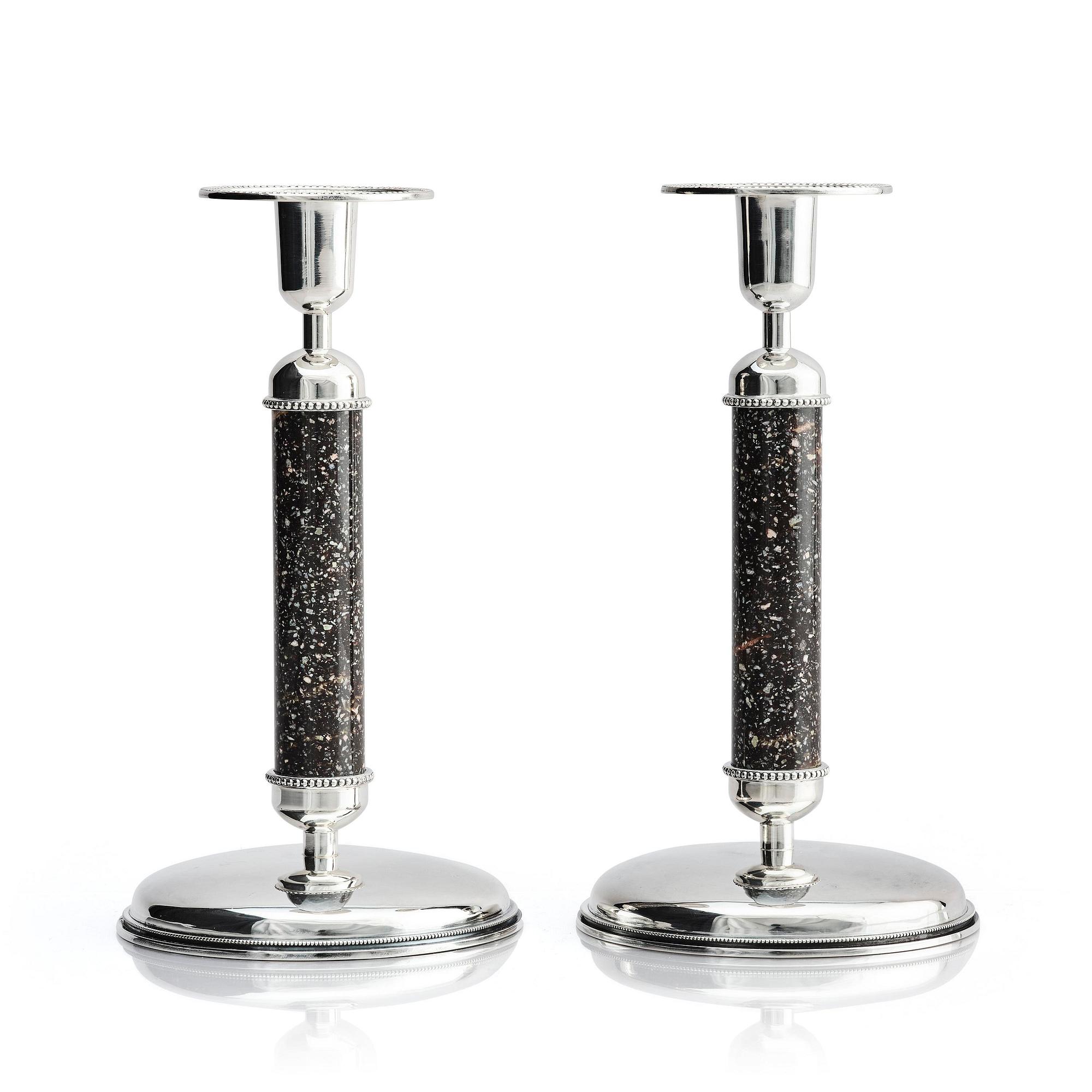 Henrik Ingemansson, a pair of sterling silver and Älvdal porphyry candelsticks, Ingemansson's Smithy, Stockholm, 2002.