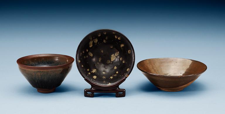 Three bowls, temmoku, a brown glazed and a brown-spotted glazed, Song dynasty (960-1279).