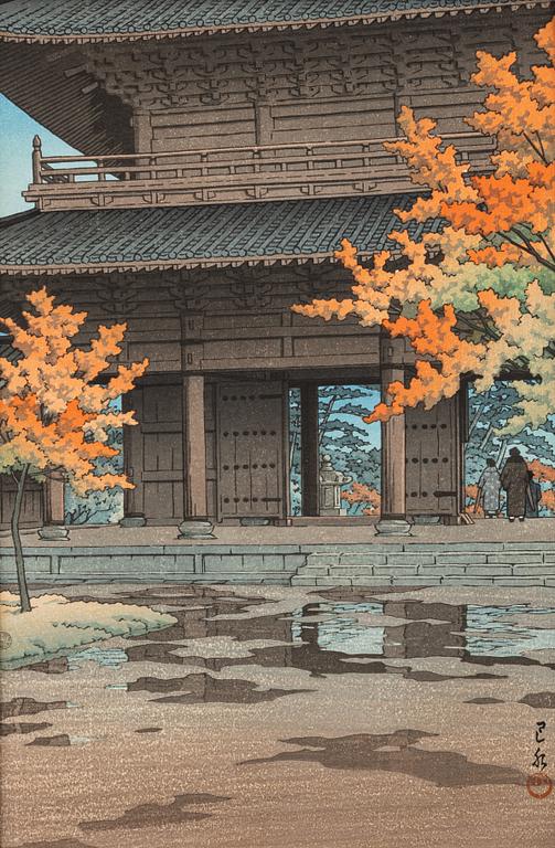 Kawase Hasui, after, a woodblock print in colours, 20th century.