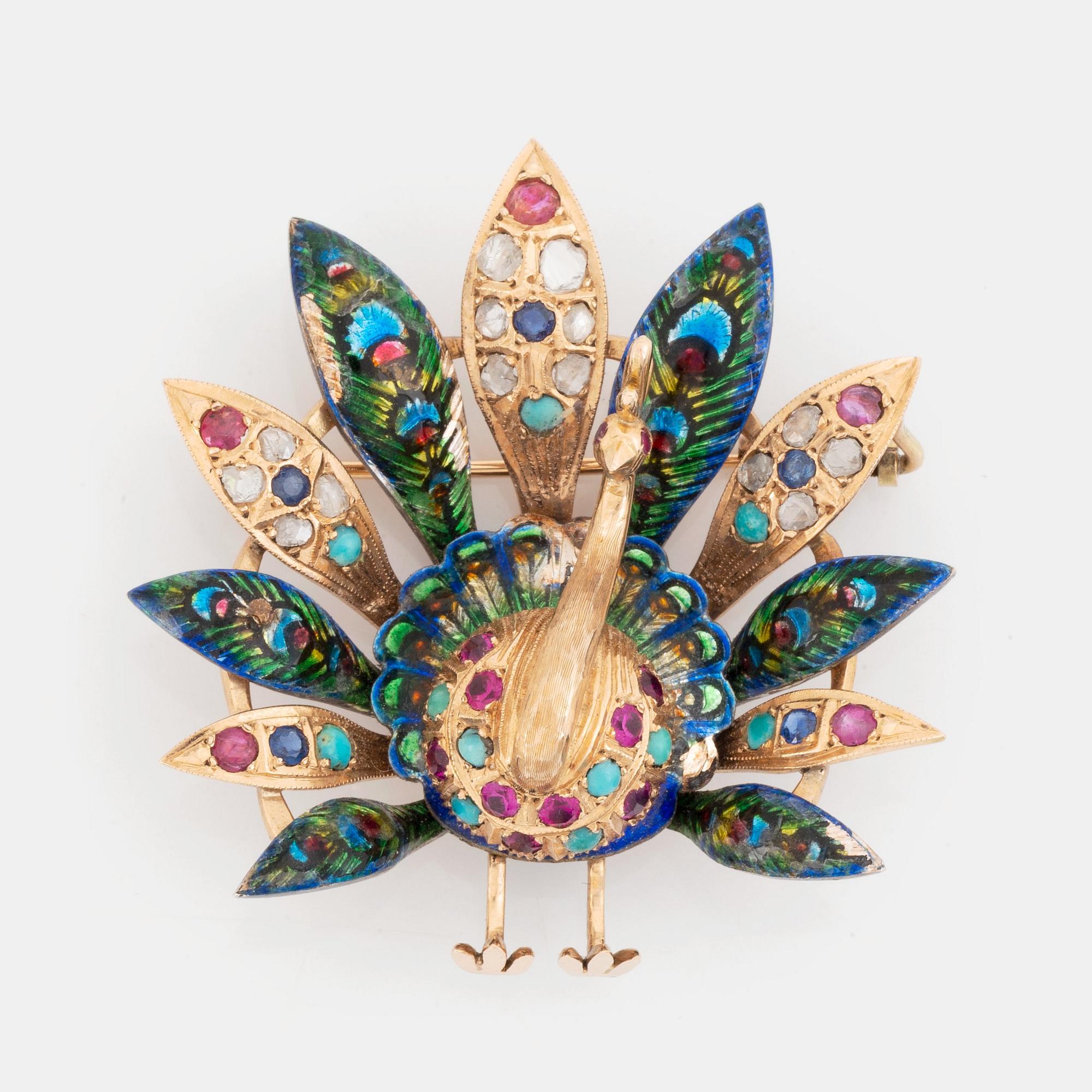 Brosch 14K guld med emaljdekor samt rosenslipade diamanter, safirer och opaler.