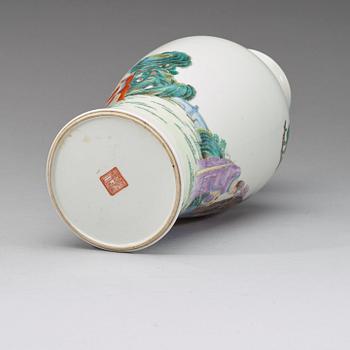 A finely painted famille rose vase, Republic (1912-49) with Qianlong's mark.