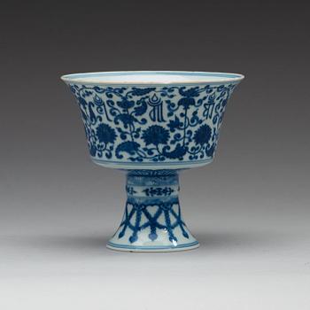 A blue and white stemcup with 'Lanca' characters, Qing dynasty with Qianlong mark.